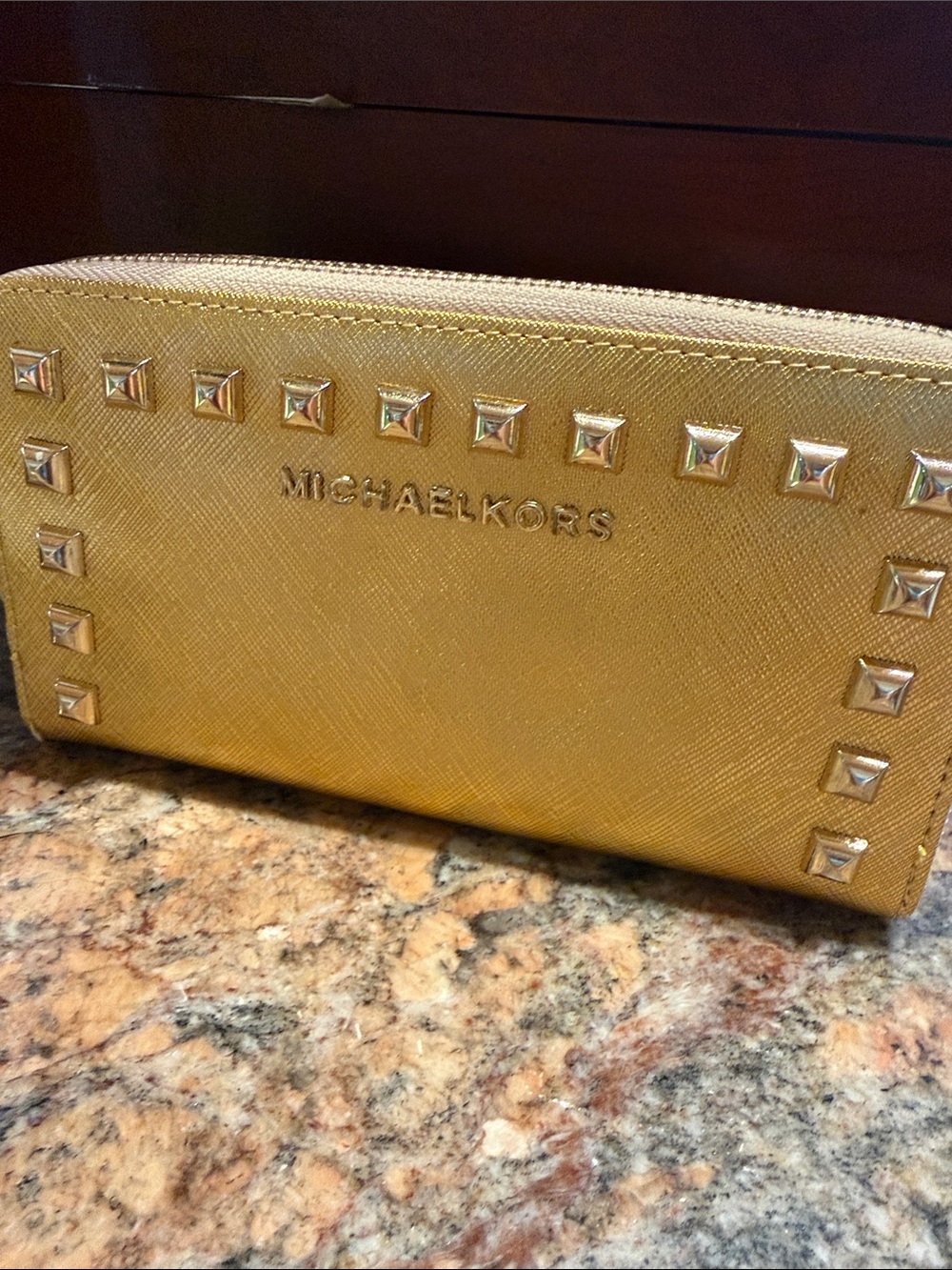 Michael Kors Gold Studded Saffiano Zip Card Holder Wallet